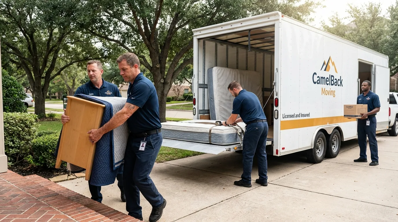 Crew loading residential truck for cross-state move from Indio, CA