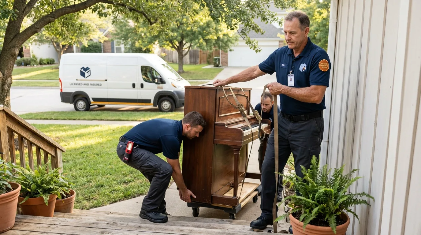 Licensed piano movers securing grand piano in Indio, CA