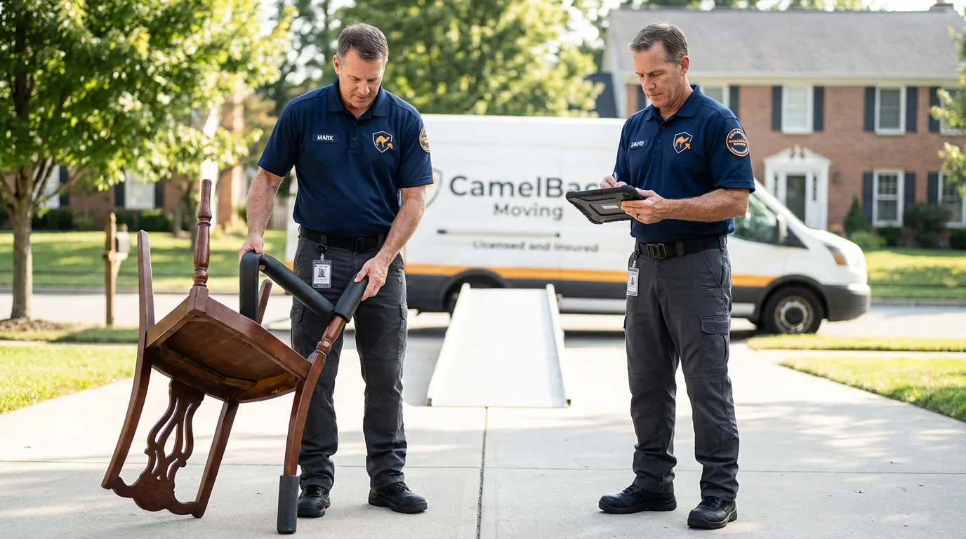 Movers inspecting furniture for damage prevention before loading in Indio, CA