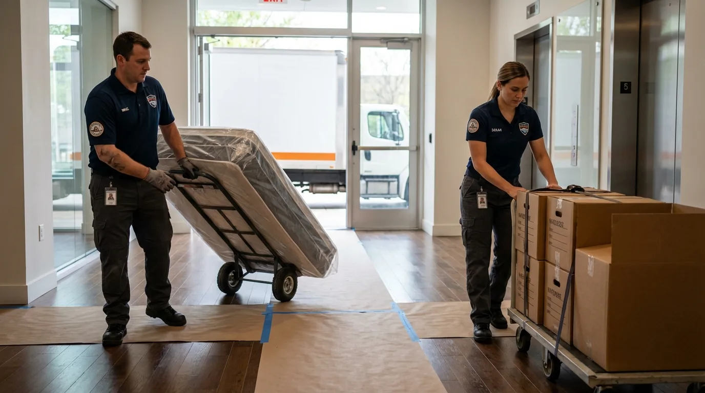 Professional apartment movers loading elevator in Indio, CA