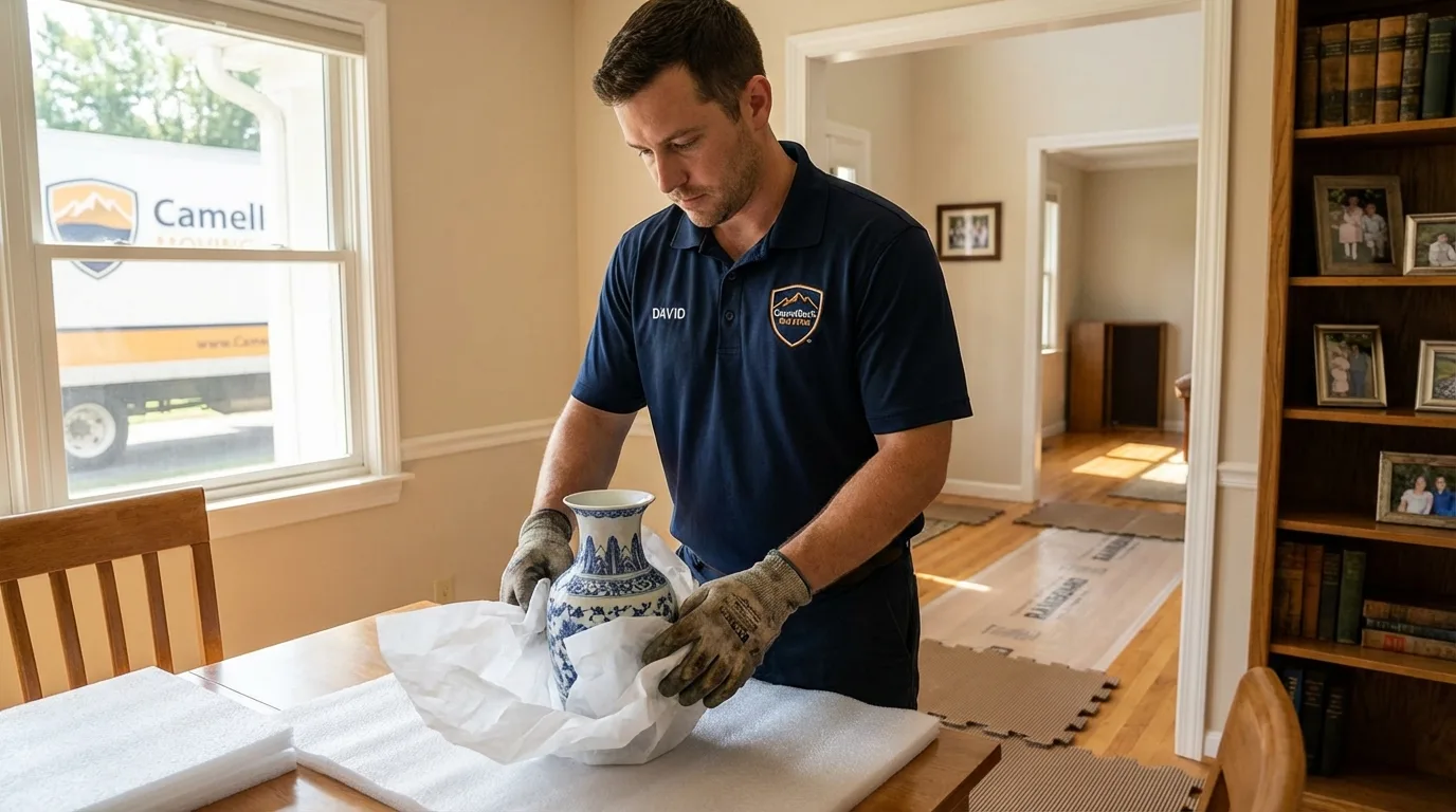 Professional crew carefully wrapping antique vase for senior downsizing move in Indio, CA